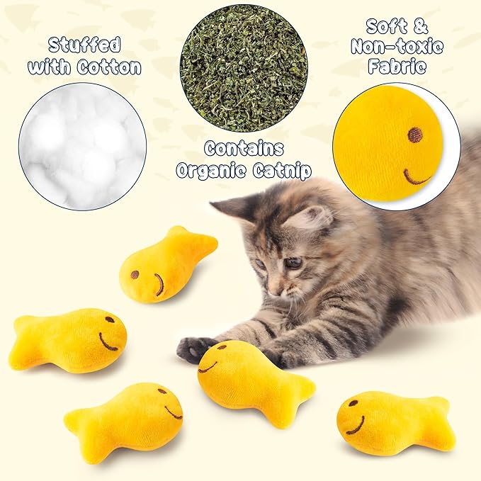 L1rabe Goldfish Cracker Catnip Stuffed Toys - Christmas Winter Gifts 5Pcs Goldfish Organic Cat Toys Funny Yellow Indoor Cats Chew Bite Teething Tools Kittens Birthday Gifts Interactive Pet Supplies