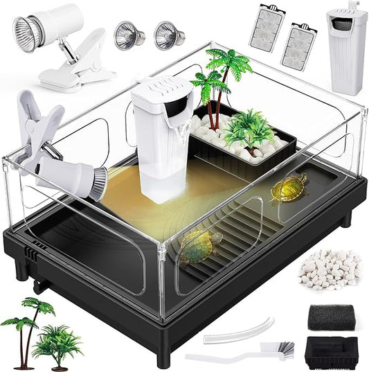 Small Turtle Tank Kit, Acrylic Turtle Tank Starter Kit with Basking Platform, Bottom Drainage, Multi-Function Areas for Turtles, Crabs, Crayfish, Small Reptiles (Black+White)