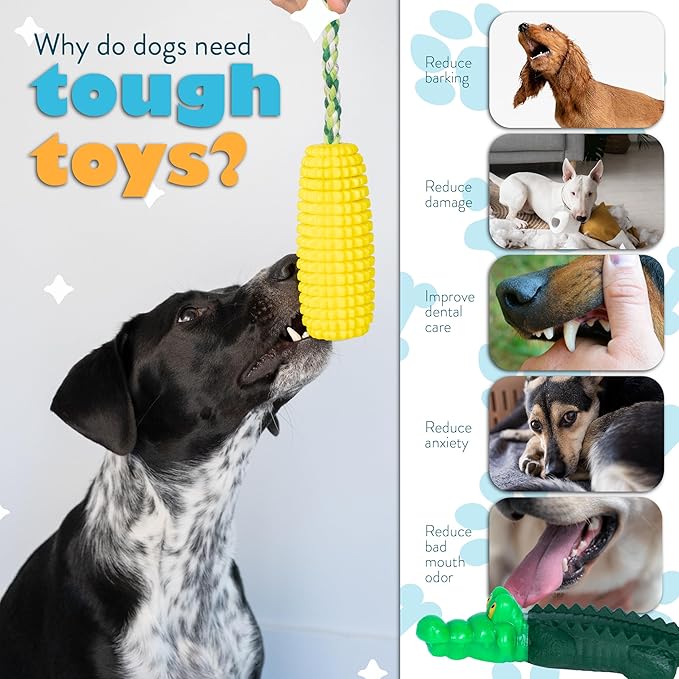 Dog Chew Toys for Aggressive Chewers 2 Pack, Cartoon Alligator and Corn-Shaped Squeak Interactive Dog Toys, Heavy Duty Rubber Chew Toy, Durable Dog Toys for Medium and Large Dog Breeds.