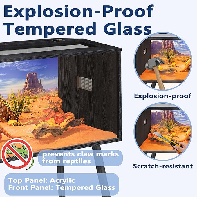 PROLEE 26 Gallon Reptile Tank, Tempered Glass Bearded Dragon Tank with Wooden Roof and Lockable Doors, Large Lizard Habitat for Snakes, Iguanas, Chameleons (Black)