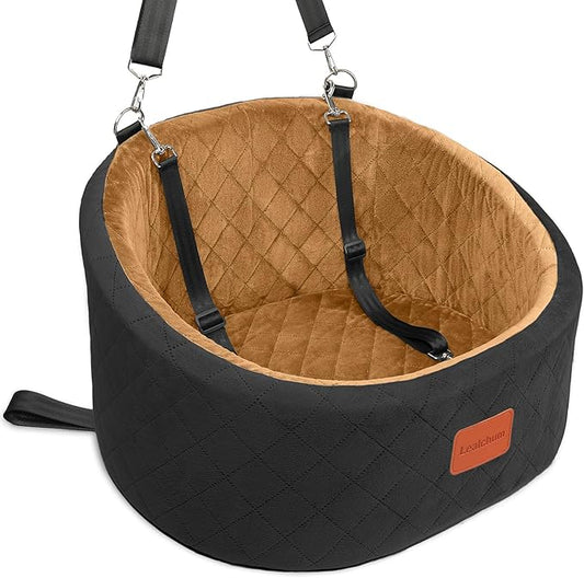 Dog Car Seat for Small Dogs Up to 30 Lbs,Ultra Soft Fabric Fill in Comfy Memory Foam,Happy Pet Ride,2 Safety Dog Leashes,Fully Detachable and Washable,Anti Slip Base(Black/Coffee)