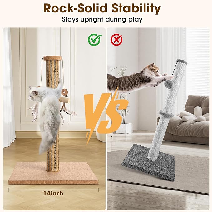 Natural Cork Cat Scratching Post with Feather Toy, 14.2 inch Stable Base, Eco-Friendly Scratch-Safe & Noise-Reducing for Claw Health, Fits Home Decor