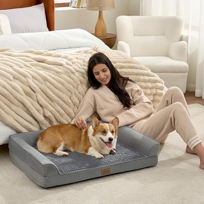 Orthopedic Large Dog Beds, Bolster Pet Couch with Waterproof Lining, Egg Crate Foam Sofa for Pets Up to 65 lbs, U-Shaped, 36x27x6.5 inch, Grey
