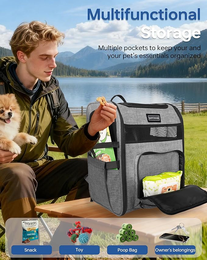 Hiking Dog Carrier Backpack, Adjustable Waist Cushioning Belt with Breathable Padded Back Support, Dog Carrier for Hiking with 5 Pockets, Dog Carrier Backpack for Small Dogs Max 13LB Grey