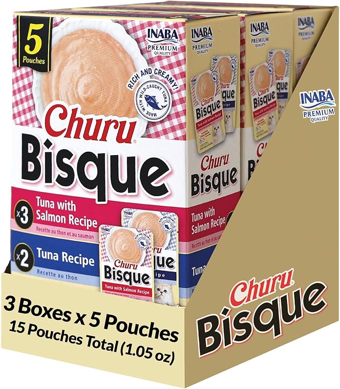 INABA Churu Bisque for Cats, Creamy Lickable Purée Side Dish with Vitamin E, 1 Ounce per Pouch, 15 Pouches, Tuna Variety Pack