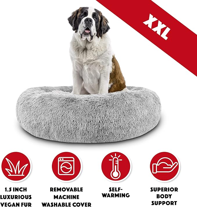 The Dog’s Bed Sound Sleep Donut Dog Bed, XXL Silver Grey Fur Calming Nest Bed Removable Cover