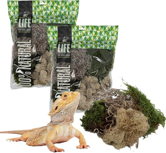The Habitat Life - Natural Variety Pack - Mix of Reindeer, Mood, Sheet & Spanish Moss - for All Terrariums - Humidity Control - Breathable Bedding - Dye-Free & Safe - Medium - 2 Pack