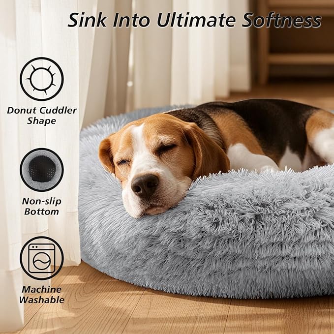 JOLLYVOGUE Small Dog & Cat Beds for Indoor Cats, Donut Cuddler Warming Soft Dog Beds with Anti-Slip Bottom, Round Calming Fluffy Plush Faux Fur Cushion Bed for Small Medium Dogs (20", Smoke Grey)