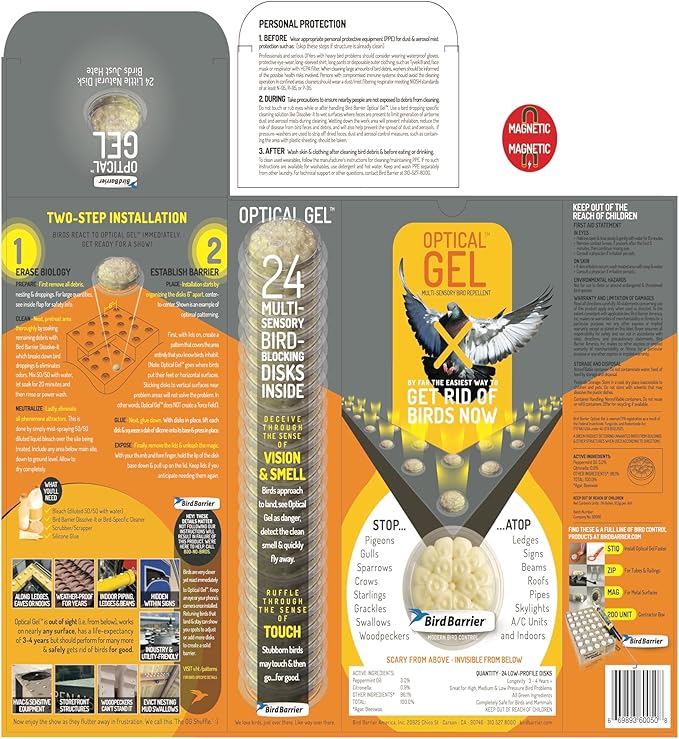 Bird Barrier Optical Gel 24 Pack | Natural Multisensory Bird Deterrent | Easy Installation | Discreet Appearance | Long-Lasting Solution | Repels Birds on Roofs, Beams Signs, Soffits, Ledges, and More