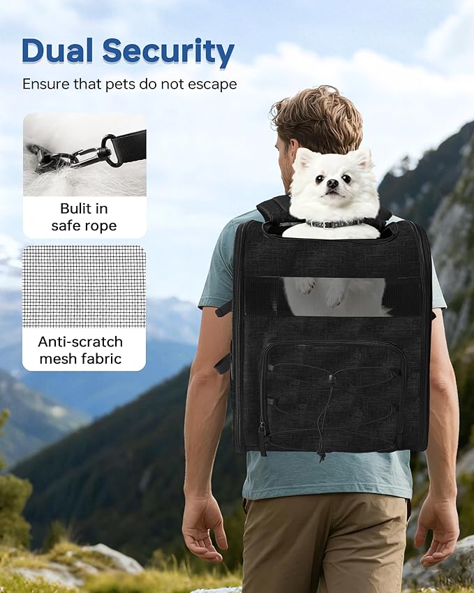 Hiking Dog Carrier Backpack, Padded Height-Enhancing Design, Adjustable Waist Cushioning Belt with Breathable Padded Back Support, Dog Carrier Backpack for Small Dogs Max 13LB Black with Pad