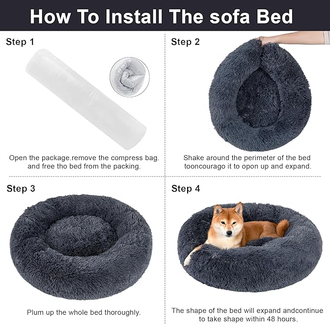 Dog Calming Beds for Medium Large Dogs Round Donut Washable Puppy Dog Bed, Anti-Slip Faux Fur Fluffy Donut Cuddle Anxiety Cat Pet Bed(36" Dark Grey)