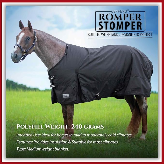Jeffers Romper Stomper Turnout Blanket for Horses 66” - Durable 1680 Denier & 240g Mediumweight – Waterproof, Breathable Design, Adjustable Straps for Safety & Comfort, Ideal for milder Climate
