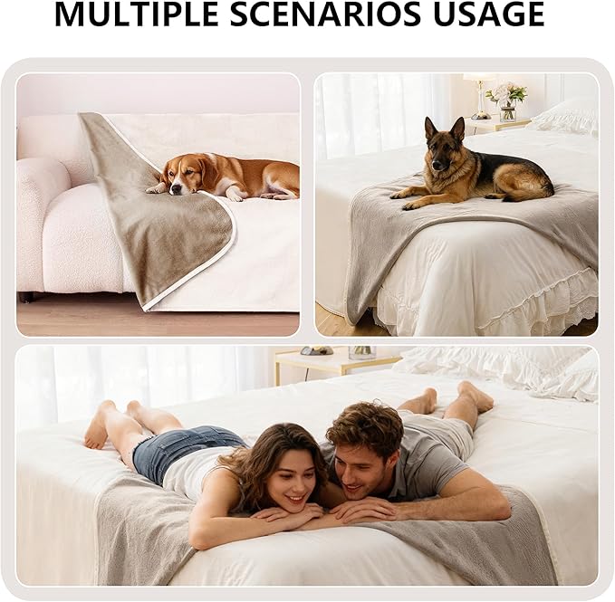 Waterproof Dog Blanket for Couch, Reversible Pet Throw Blankets Leak Proof Sofa Bed Protector for Furniture Machine Washable-52x82,Khaki+Beige