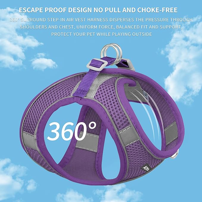 AIITLE Comfortable Dog Harness and Leash Set for Walking - Summer Step in Vest Harness,Reflective Bands, Adjustable No Pull Puppy Essentials, for Small Dogs and House Cats Pure Purple XS