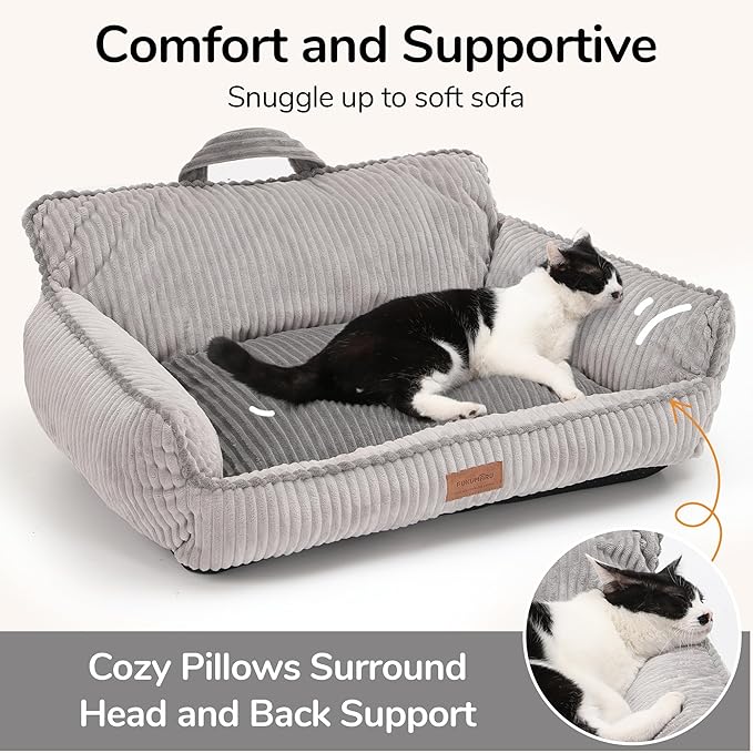 FUKUMARU Dog Couch Bed, Fluffy Corduroy Cat Beds for Indoor Cats with Washable Cover, Waterproof Small Dog Sofa Beds with Portable Handle and Anti-Slip Bottom, Pet Beds & Furniture 28inch, Grey