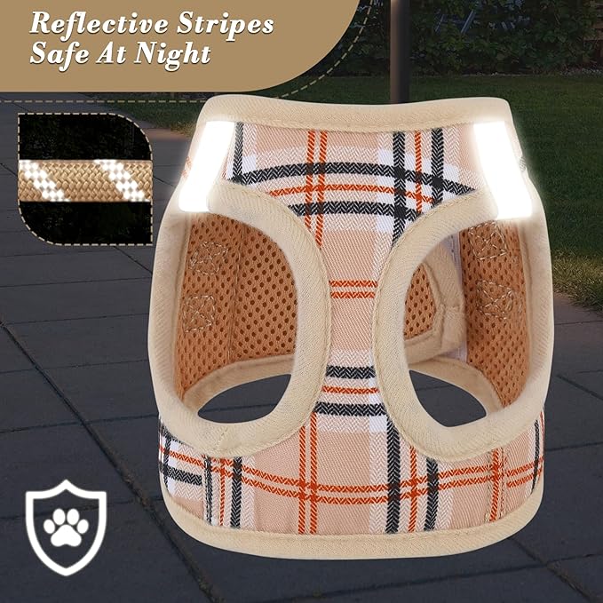 Athena Collection Small Dog Harness with 5 ft Leash, Step-in Dog Harness Leash Set Extra Small No Pull Dog Vest Harness with Reflective Strips Adjustable Velcro, Easy Walk Puppy Harness, Beige
