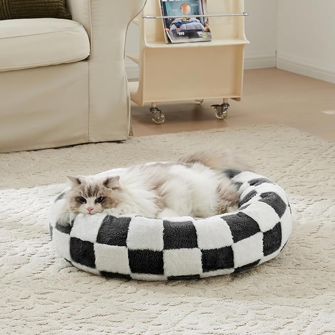 Checkered Cat Dog Bed, Cute Black White Retro Style Aesthetic Round Warming Pet Calming Beds for Small Dog and Cats, Plush Cozy Donut Beds Washable, 23" L x 23" W x 8" Th