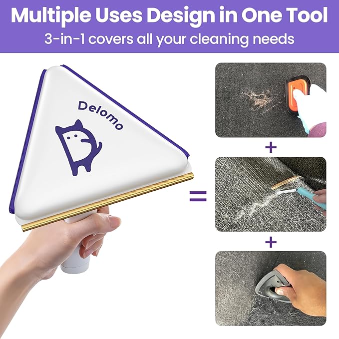 DELOMO Upgraded 3-in-1 Pet Hair Removal Tool: Versatile Dog & Cat Hair Remover – Carpet Rake for Multi-Surface – Reusable Pet Hair Remover for Carpet, Couch, Furniture, Clothes, Car Mats, Pet Bed