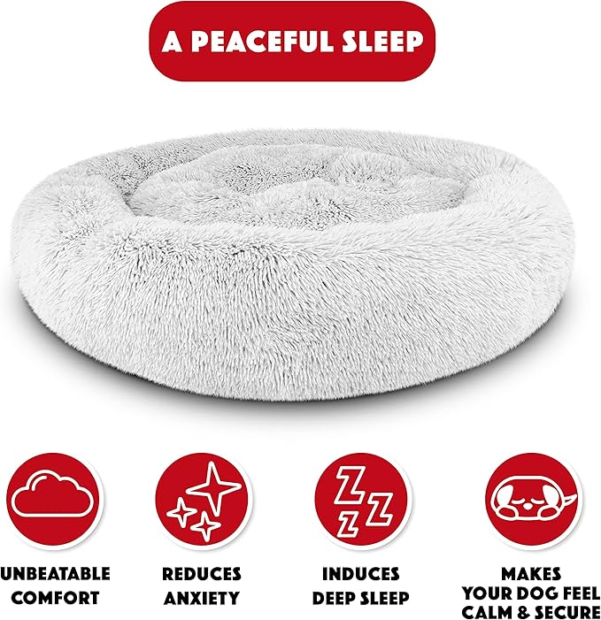 The Dog’s Bed Donut Large Dog Bed, Sound Sleep, Ice White Fur Calming Nest Bed