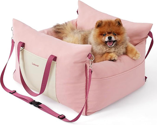 Lesure Small Dog Car Seat for Small Dogs -Soft Dog Booster Seat for Car with Storage Pocket and Clip-On Safety Leash and Thickened Memory Foam Filling, Pet Travel Carrier Bed Strawberry Cream