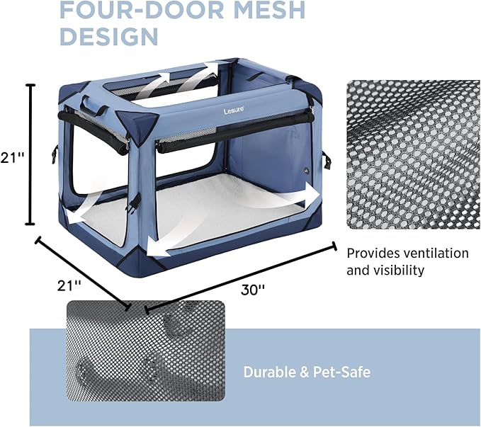 Lesure Collapsible Dog Crate - Portable Travel Kennel for Medium Dog, 4-Door Pet Crate with Durable Mesh Windows, Indoor & Outdoor, Blue