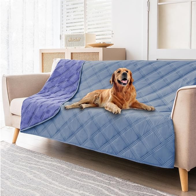 fuguitex Waterproof Dog Blanket Reversible for Small Dogs Resistant Leakproof Washable Couch Cushion Bed Protector Cover for Indoor Furniture Pet Friendly(30"*53",Violet Blue+ Light Blue)
