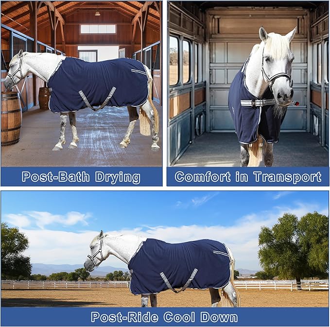 Horse Fleece Cooler, Blanket Liner - 300g Anti-Pilling Fleece, Moisture-Wicking, Cooling & Drying for Post-Workout, Bath & Travel, Prevent Overheating & Chilling Navy 66