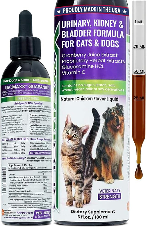 Cat & Dog Urinary Tract Treatment, Bladder & Kidney Support for Dogs and Cats, Powerful Yet Gentle Pet Care, with Liquid Cranberry & Glucosamine, Chicken Flavor, 6 oz Bottle, 1 Pack
