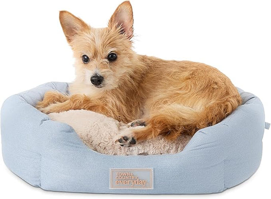 TOWN & COUNTRY EVERYDAY CuddleTown Faux Linen Comfy Cozy Cuddler Pet Bed, Supportive & Calming, Non-Slip Bottom, Machine Washable Cover, Blue, XS 20"x14"x6"