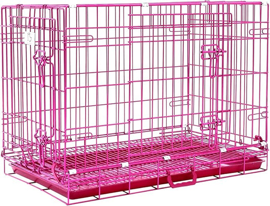HOMEY PET 30 Inch Pink Dog Crate, Cute Cage Medium Sized Dog Collapsible Small Dog Kennel Indoor Nano-Coated Metal Wire Dog Crate with Removable Floor Grid Tray, Double Doors Dual Locks, Handle