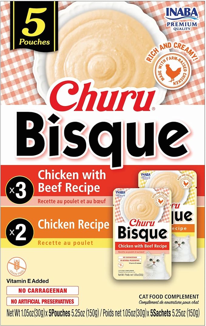 INABA Churu Bisque for Cats, Creamy Lickable Purée Side Dish with Vitamin E, 1 Ounce per Pouch, 5 Pouches, Chicken Variety Pack