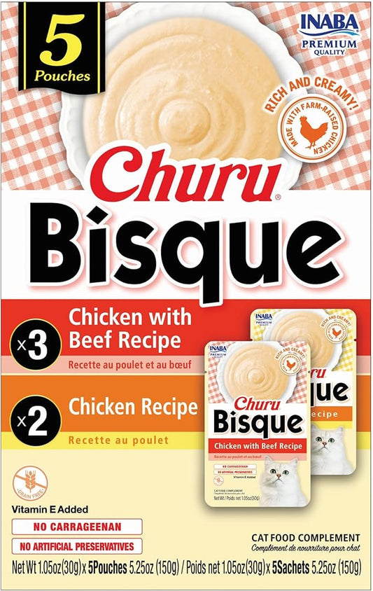 INABA Churu Bisque for Cats, Creamy Lickable Purée Side Dish with Vitamin E, 1 Ounce per Pouch, 5 Pouches, Chicken Variety Pack