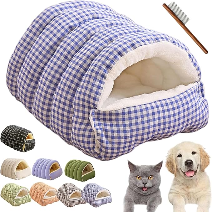 CutyPet Winter Cave,Warmth Cozy Comfort Plush Pet Cave,Cute Cozy Safe Hideaway Cat Bed with Removable Cushion,Warm Soft Removable Washable for Cats and Dogs (Purple Plaid, M: 18.89 * 11.81 * 7.87 in)