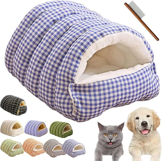 CutyPet Winter Cave,Warmth Cozy Comfort Plush Pet Cave,Cute Cozy Safe Hideaway Cat Bed with Removable Cushion,Warm Soft Removable Washable for Cats and Dogs (Purple Plaid, M: 18.89 * 11.81 * 7.87 in)