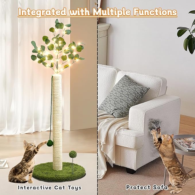 Cat Scratching Post with Lights & Hanging Ball Toys Tall Sisal Rope Scratcher Tree Climbing Scratch Tower for Indoor Cats Adult Kitten