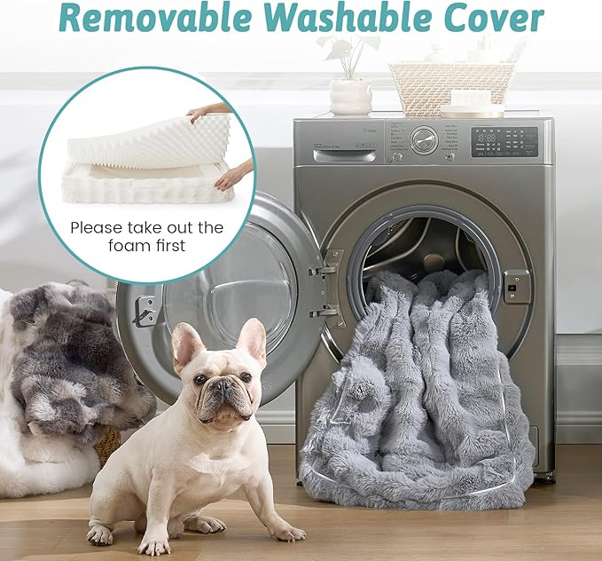 Faux Fur Orthopedic Dog Bed, XL Pet Couch for Extra Large Dog, Big Supportive Foam Bolster Sofa with Waterproof Lining Cover, Anti-Slip, Soft, Warm, C-Shaped, 48x35x8 inch, Beige