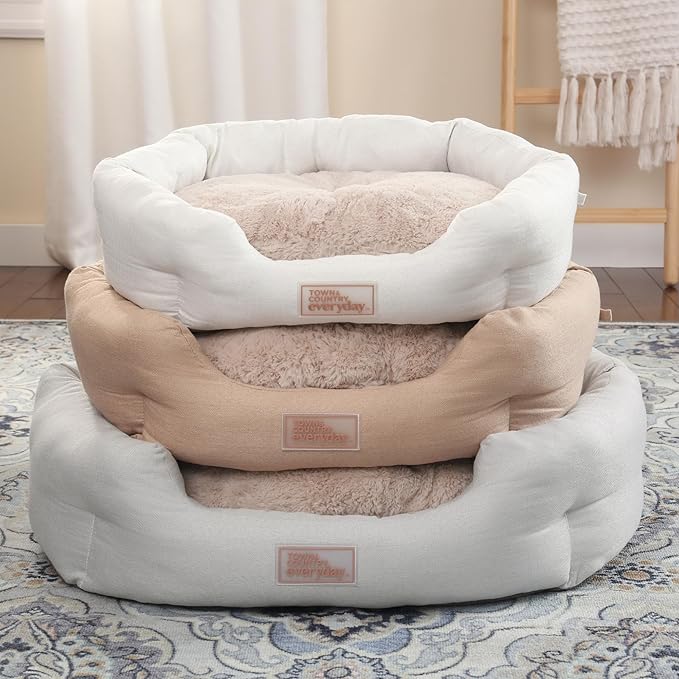 TOWN & COUNTRY EVERYDAY CuddleTown Faux Linen Comfy Cozy Cuddler Pet Bed, Supportive & Calming, Non-Slip Bottom, Machine Washable Cover, Beige, XS 20"x14"x6"