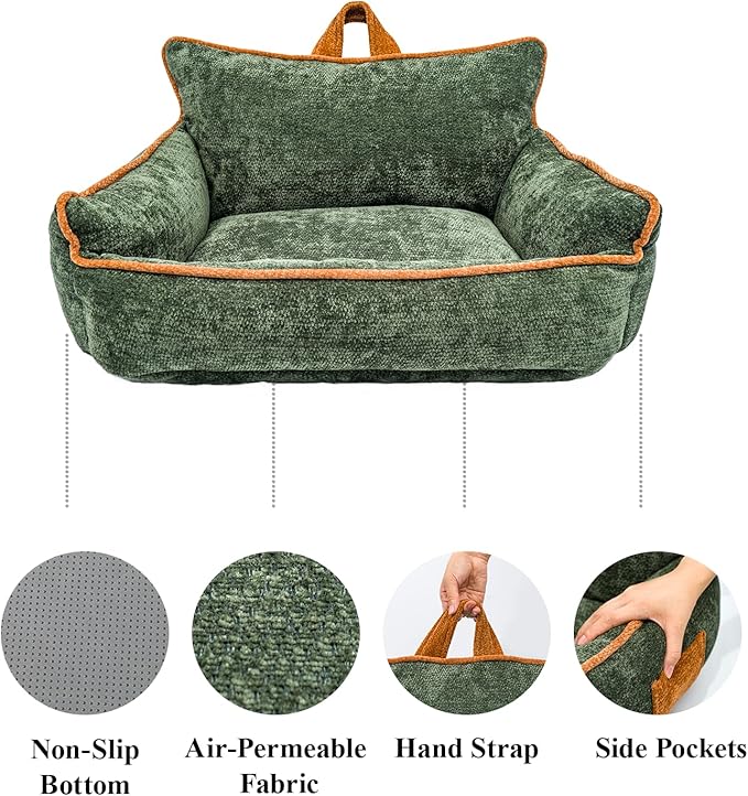 Small Orthopedic Dog Sofa Bed with Sides, Carry Handle & Side Pockets .Plush Chenille Orthopedic Pet Bed Couch for Small Breed Dogs & Cats .Portable Snuggler for Indoor Use, Travel & Recovery