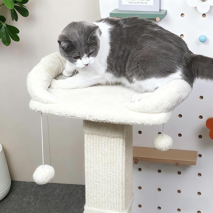 34" Cat Scratching Post for Indoor Cats, Sisal Cat Scratcher with Plush Perch and with Two Dangling Balls, Large Scratch Post with Bed, Removable Cover, Sisal Fabric