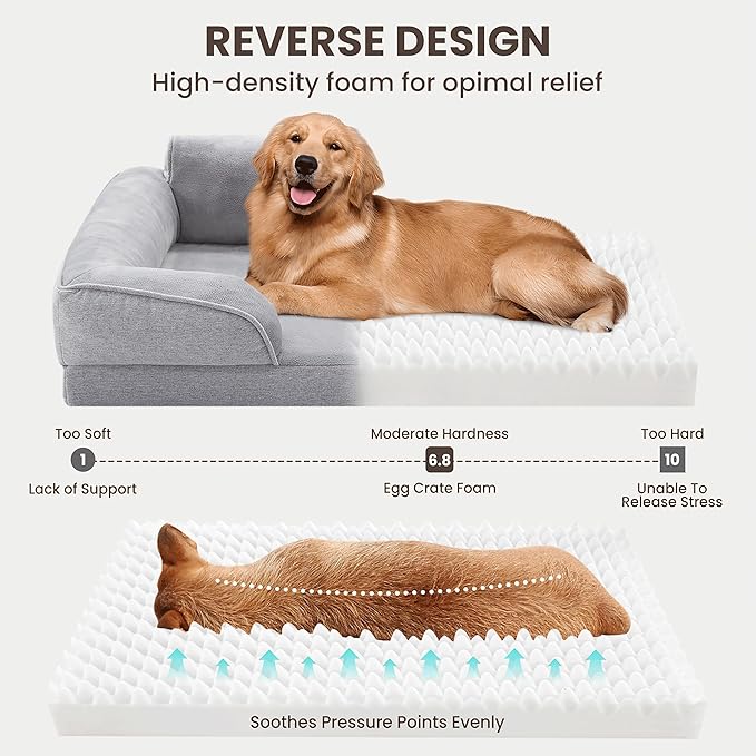 Orthopedic Dog Beds for Large Sized Dogs, Waterproof Egg-Crate Foam Pet Couch Bed with Soft Side, Non-Slip Dog Sofa with Flannel Removable Washable Cover, 35"L Supportive Pet Sofa, Light Grey