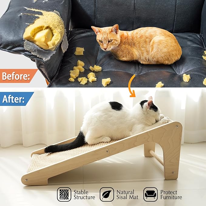PETKARAY Cat Scratcher, Sisal Cat Scratching Ramp, L Shape Scratch Pad for Indoor Kitty, 27" Wall Furniture Protector with Mouse Toy