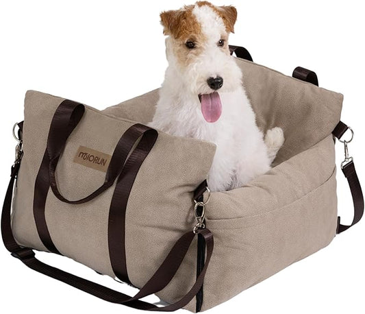 Dog Car Seat for Small and Medium Dogs, Easy to Clean Pet Booster Bed with Calming Cushion, Waterproof Travel Carrier for Cats and Puppies with Storage Pocket Up to 25lb, Camel