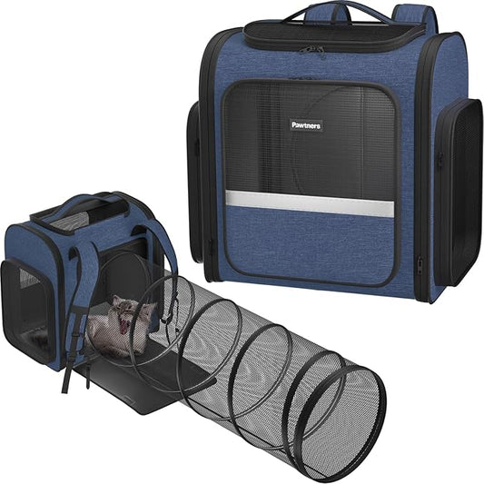 Pawtners Cat Backpack Carrier with Play Tunnel, Expandable Dog Backpack with Breathable Mesh, Pet Carrier Backpack for Small Cats Dogs Up to 18 Lbs, Dog Carrier for Travel Hiking Camping Outdoor Blue
