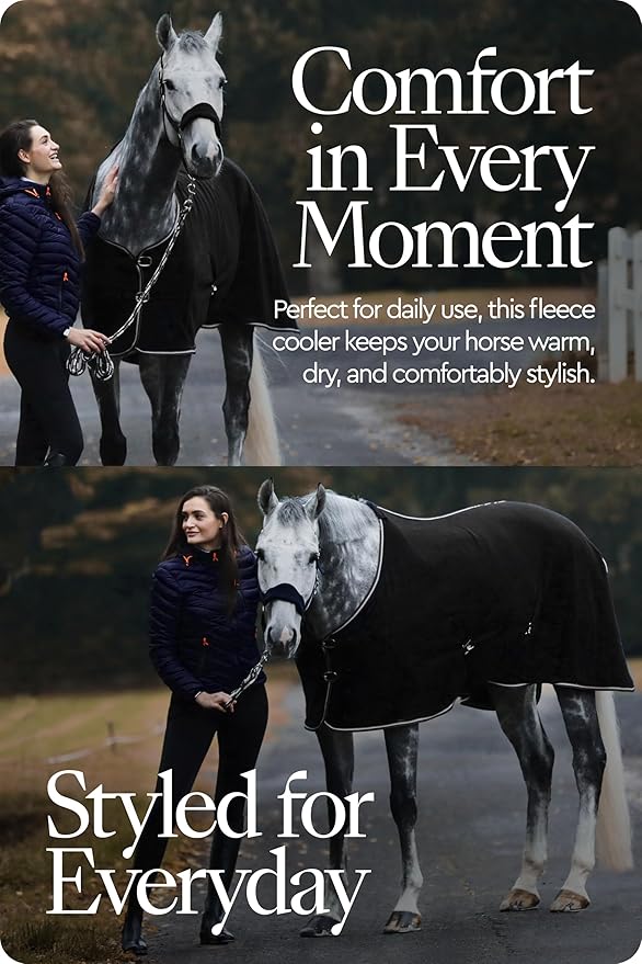 HORZE Kiel Fleece Horse Cooler Blanket | Quick-Dry Fleece Horse Cooler Sheet with X-Surcingles & Tail Cord - Black - 84 in