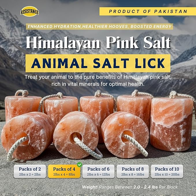 RESISTANCE Himalayan Salt Lick 2lb Block on Rope for Horses, Cattle, Deer, Goats, and Livestock – Pack of 4 Blocks