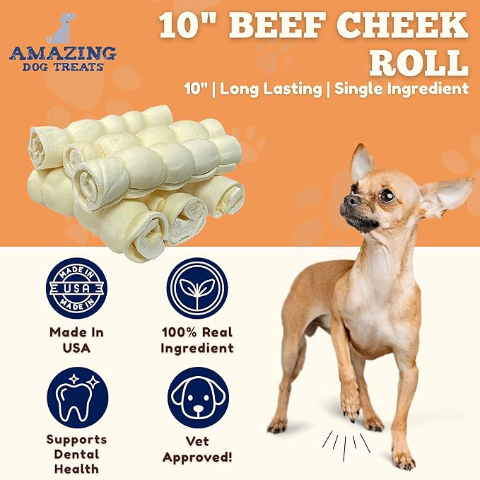 Amazing Dog Treats - Beef Cheek Rolls (10 Inch Regular - 4 Pcs) - Safe Rawhide Alternative Dog Chew - Great for Power Chewers - Long Lasting Dog Chew - Retriever Rolls for Dogs