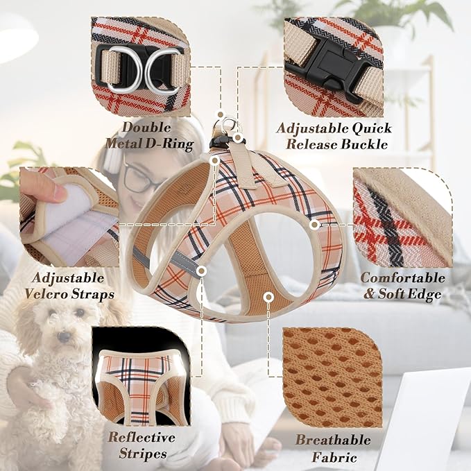 Athena Collection Step-in Dog Harness with 5 ft Leash, Medium Dog Harness Leash Set Large No Pull Dog Vest Harness with Reflective Strips Adjustable Velcro, Easy Walk Dog Harness, Beige