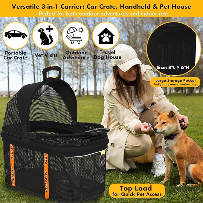 PAWZIDEA Portable Small Dog Crate for Car Travel, Enclosed Pet Car Seat for Small/Medium Dogs Cats up 33lb, Reversible No-Zip Canopy, Soft-Sided Pet Carrier Basket, Collapsible Dog Kennel, Metal Frame