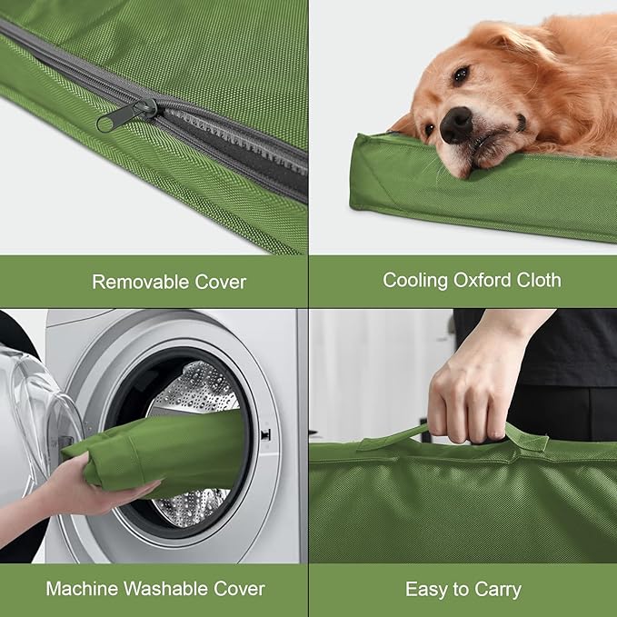 Outdoor Large Washable Dog Bed, Orthopedic Egg Crate Foam Dog Crate Mat for Large Dogs with Removable Oxford Cooling Cover, Light Green