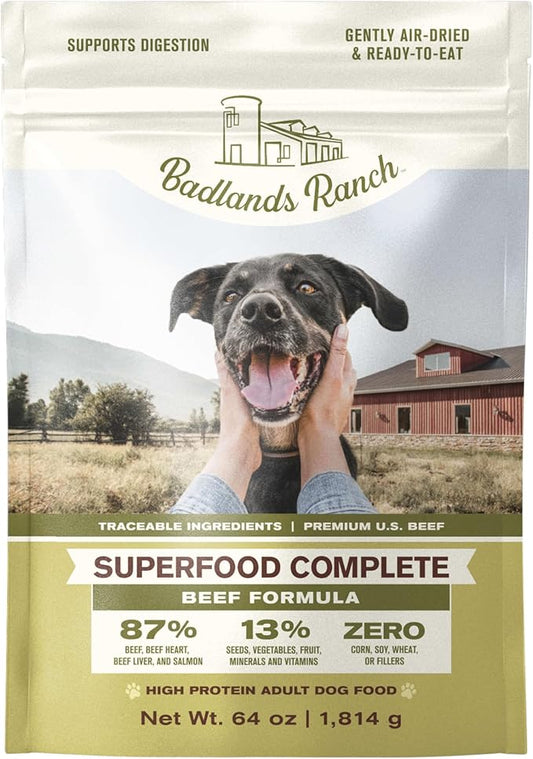 BADLANDS RANCH - Superfood Complete, Air-Dried Adult Dog Food - High Protein, Zero Fillers, Superfood Nutrition by Katherine Heigl (64 oz., Beef Formula)